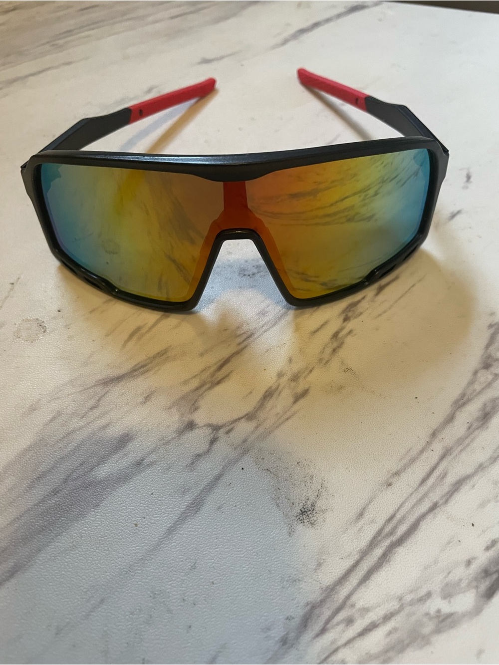 Sport Shield Sunglasses - Black Frame with Red Arms and Amber Mirrored Lens